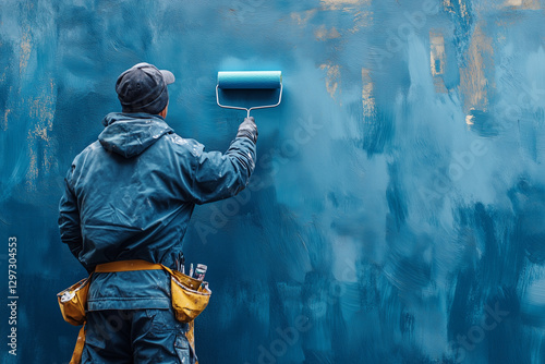 A worker paints the facade walls of a house with paint using a paint roller