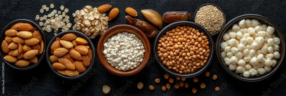Assortment of Healthy Snacks: A Flat Lay Display of Nuts, Grains, and Dried Fruit in Bowls for a Natural Energy Boost Assortment of Healthy Snacks: A Flat Lay Display of Nuts, Grains, and Dried Fruit in Bowls for a Natural Energy Boost