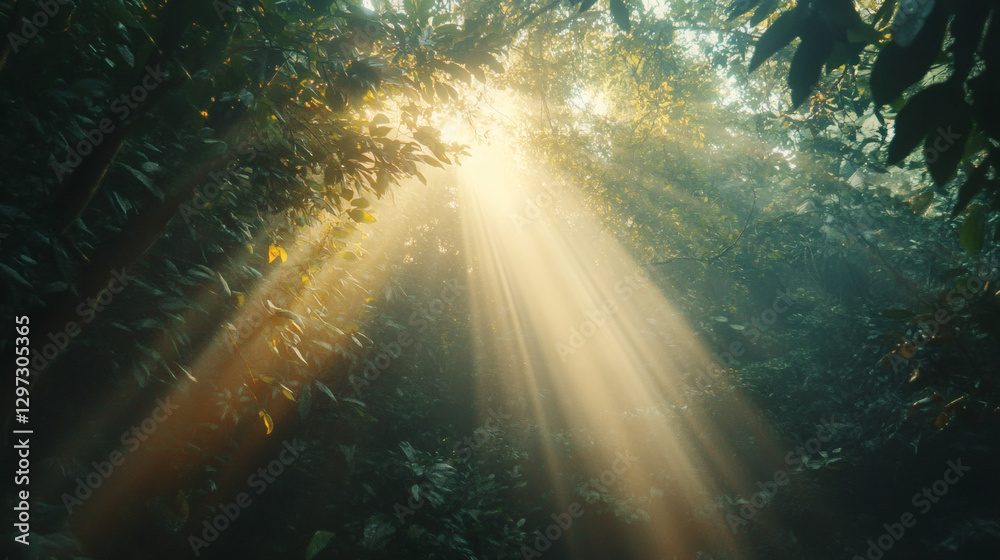 Fototapeta premium rays of sunshine passing through the branches of trees in the forest