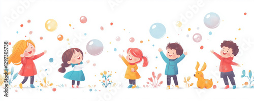 Illustration of children playing with soap bubbles. Childhood concept.