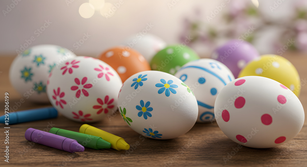 Vibrant Easter eggs with floral and polka dot patterns arranged with colorful crayons, perfect for festive creativity