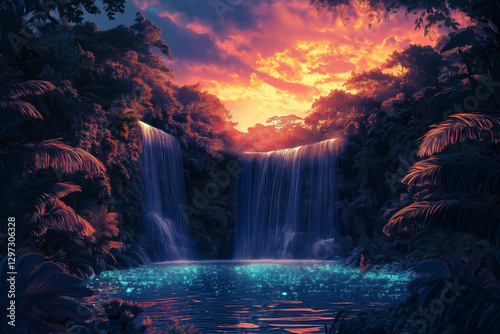 Wallpaper Mural A lush jungle with cascading waterfalls shimmers under an aquamarine dusk, showcasing bioluminescent plants Torontodigital.ca