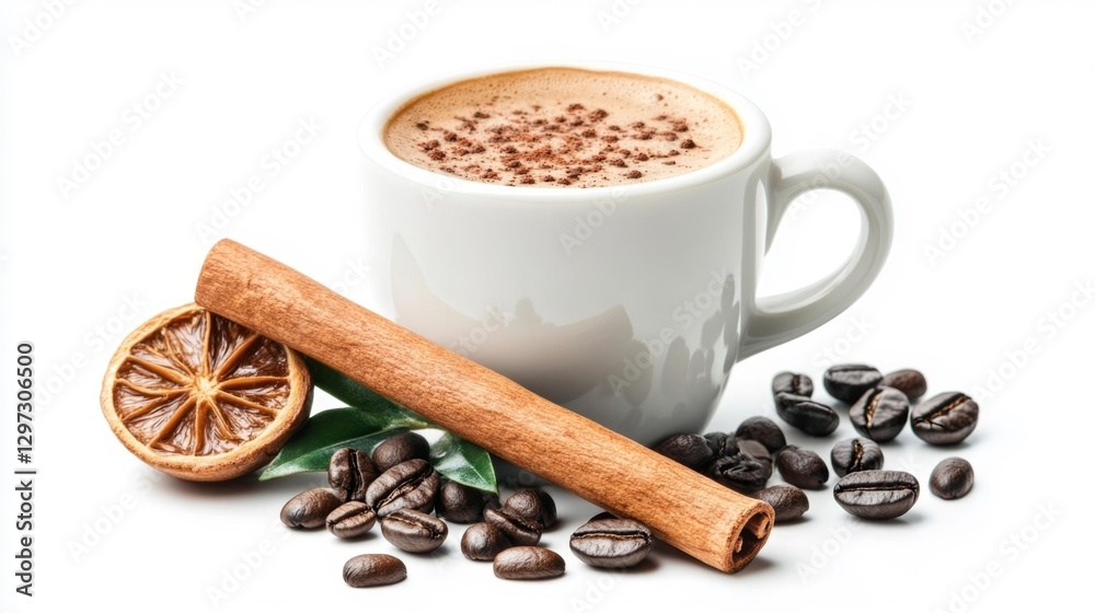 Fototapeta premium Coffee cup with cinnamon stick and coffee beans isolated on white background. Generative AI