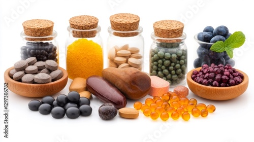 A diverse collection of wellness supplements including pills capsules and vitamins arranged on a white isolated background. Generative AI photo
