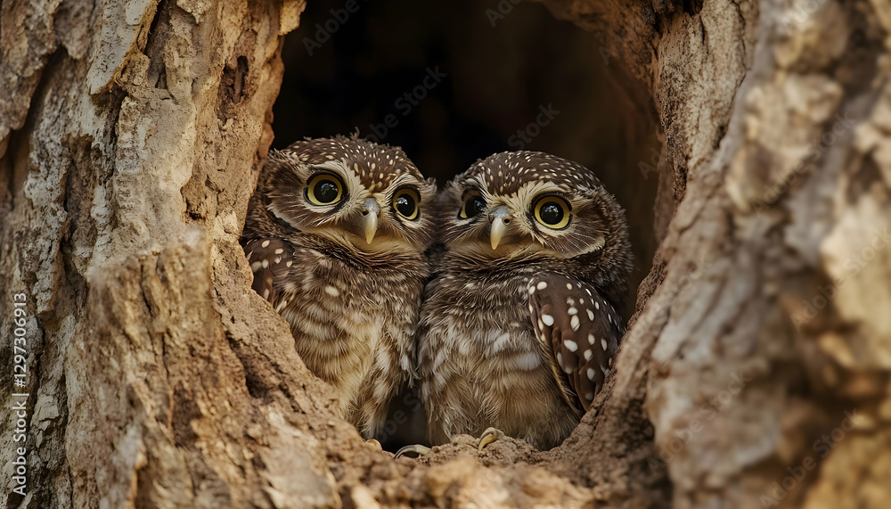 Cute spotted owlets sitting in a tree cavity - Cute spotted owlets sitting in a tree cavity -