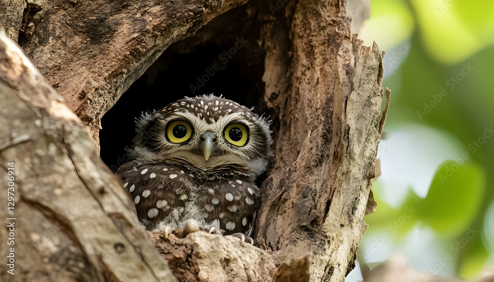 Cute spotted owlets sitting in a tree cavity - Cute spotted owlets sitting in a tree cavity -