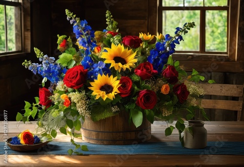 vibrant floral arrangement rustic wooden table featuring colorful green natural textures charming refreshing look, flowers, blooms, greenery, decor