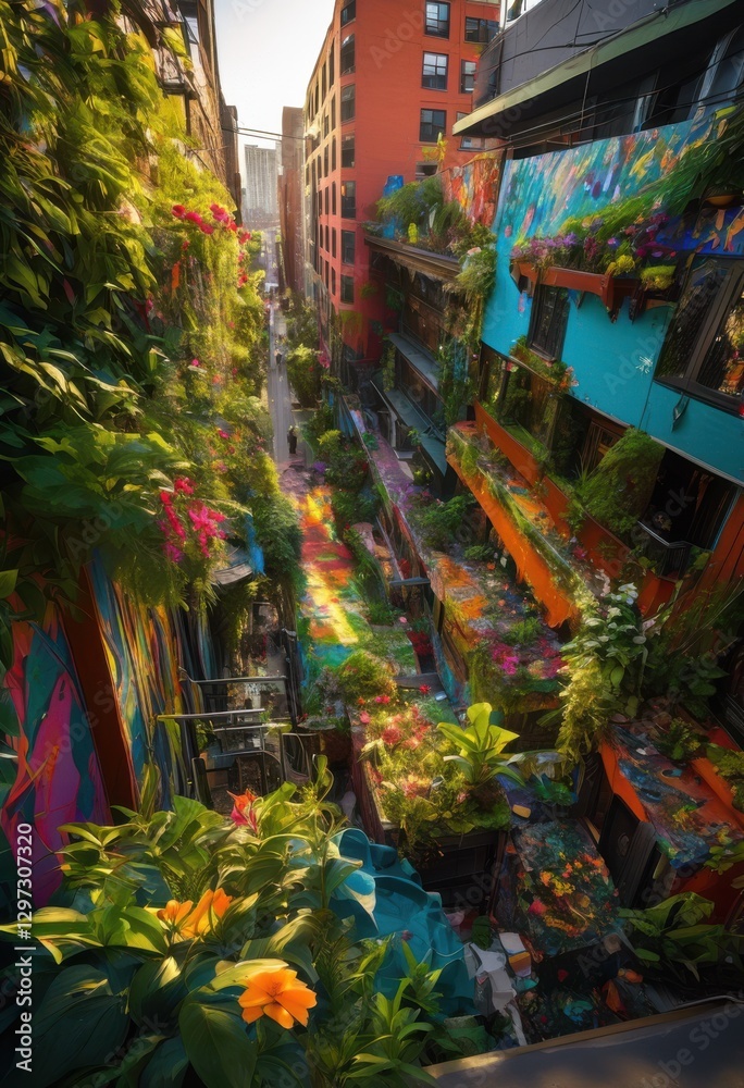 Fototapeta premium vibrant nature triumphantly reclaiming urban spaces through colorful creative uses discarded materials waste, artificial, jungle, ecosystem, found, objects