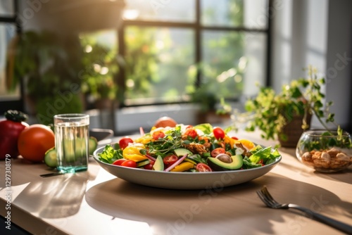 Vegan salad in the kitchen early morning