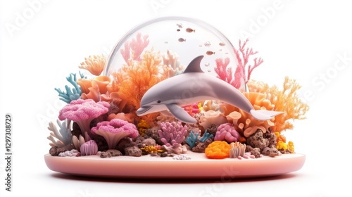 3D Coral Reef with Dolphin and Fish Inside a Glass Dome Isolated on White Background. Generative AI photo