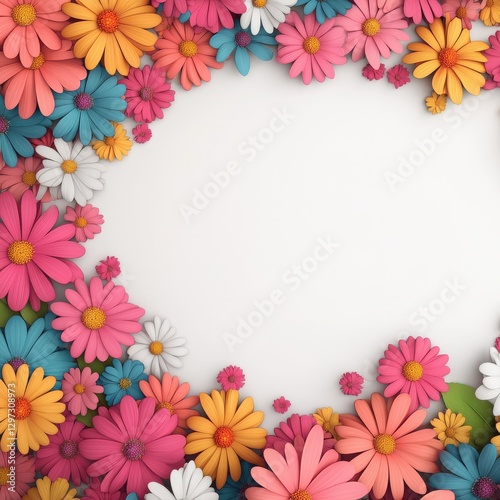 A vibrant border of colorful flowers framing an empty space, perfect for invitations, announcements, or creative artwork.