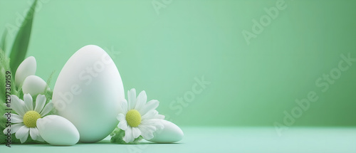 minimalistic, elegant green ester panoramic background with eggs and bright flowers; light, unique backdrop with copy space