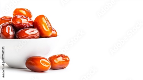 A bowl of dates with a glossy texture isolated on a white background with rich color. Generative AI