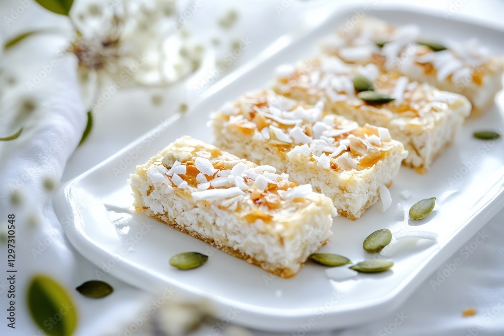 Soft, Delicate Post-Processing of Bars with Coconut Flakes, Honey, and Pumpkin Seeds on a White Ceramic Plate: Serene, Inviting Atmosphere with Pastel Background and Dreamy, Ethereal Quality Soft, Delicate Post-Processing of Bars with Coconut Flakes, Honey, and Pumpkin Seeds on a White Ceramic Plate: Serene, Inviting Atmosphere with Pastel Background and Dreamy, Ethereal Quality
