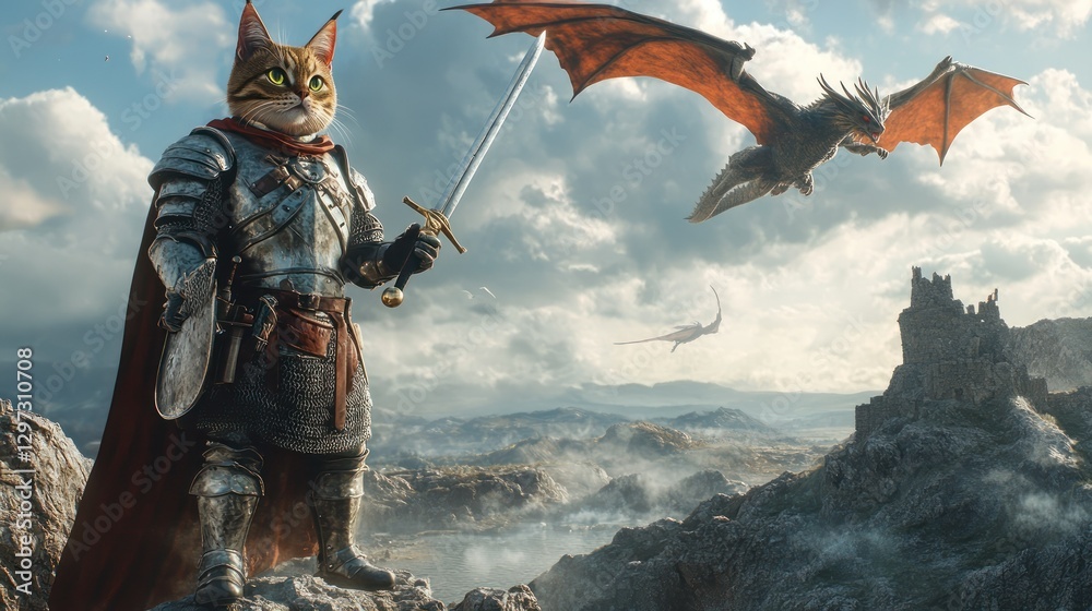 Naklejka premium Cat knight facing dragon, mountaintop castle backdrop