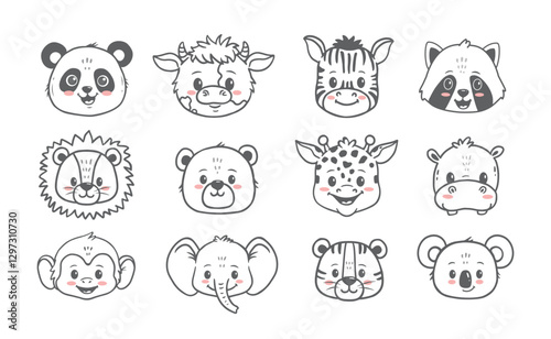 set of animals. Doodle illustration of bear, giraffe, panda, cow, zebra, raccoon, monkey, lion, tiger, elephant, hippo, koala for cards, magazins, banners. Vector illustration