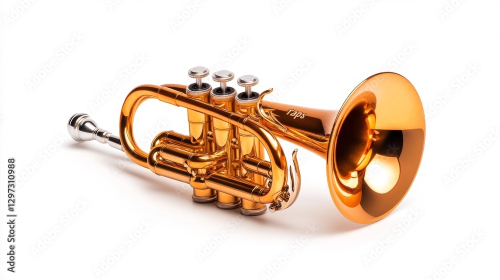 Obraz premium Brass Trumpet Instrument for Military Service with Taps Inscription Isolated on White Background. Generative AI