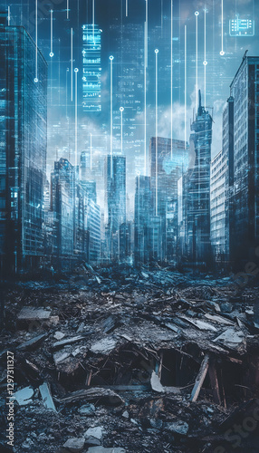 Economic crisis with digital indicators overlapping a destroyed city background  -