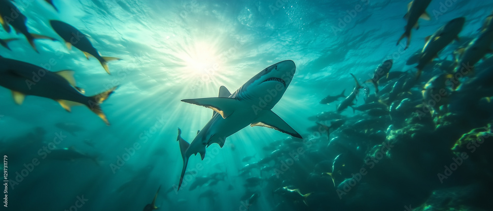 Fototapeta premium Majestic Shark in Sunlit Deep Ocean