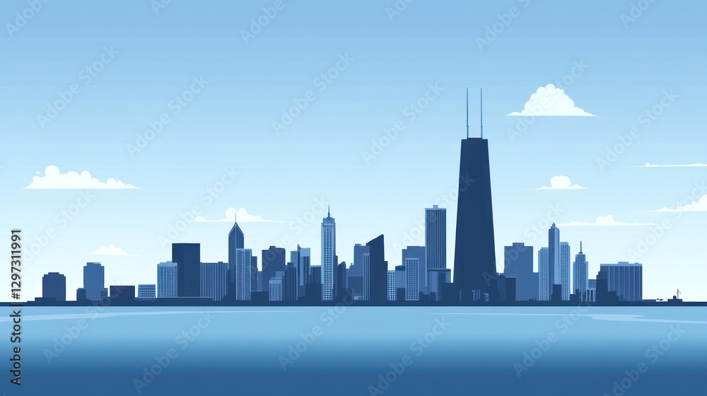 Fototapeta premium Chicago Skyline Silhouette on Calm Water, Daytime View, Suitable for Backgrounds