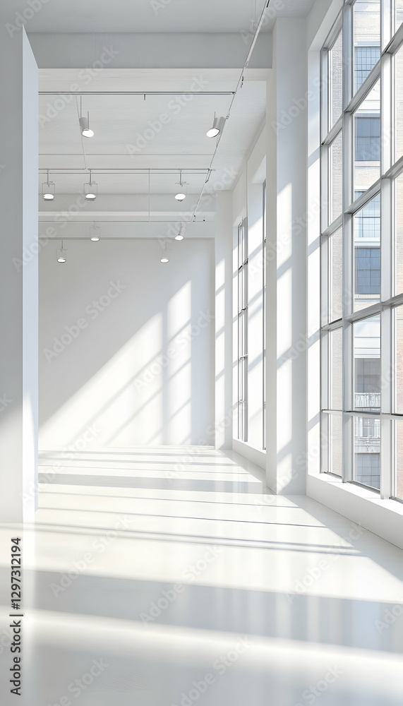 Obraz premium Empty white gallery room with large windows and recessed lighting -