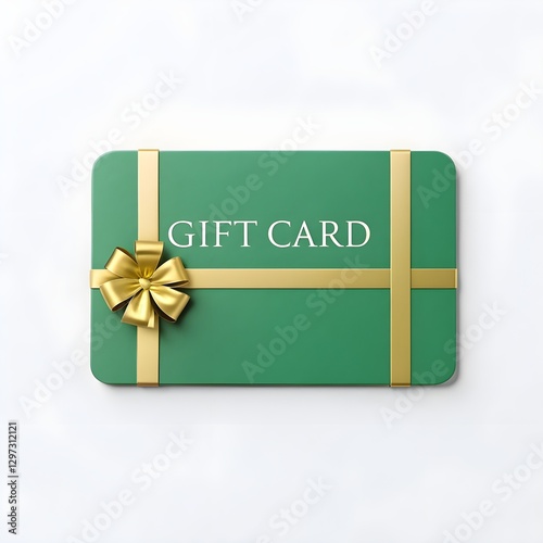Gift card, rectangular shape, vibrant kelly green color,  gold ribbon,  decorative gold bow,  realistic ribbon texture,  