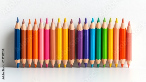Box of Sharpened Colored Pencils in a Rainbow Gradient Isolated on White. Generative AI