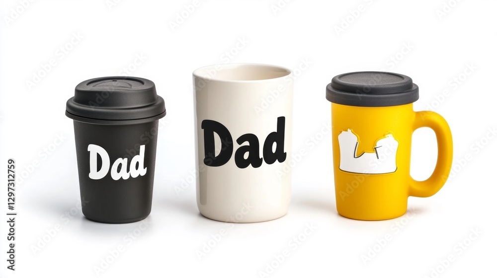Three Travel Mugs with 'Dad' Labels in Different Styles Isolated on White Background. Generative AI Three Travel Mugs with 'Dad' Labels in Different Styles Isolated on White Background. Generative AI