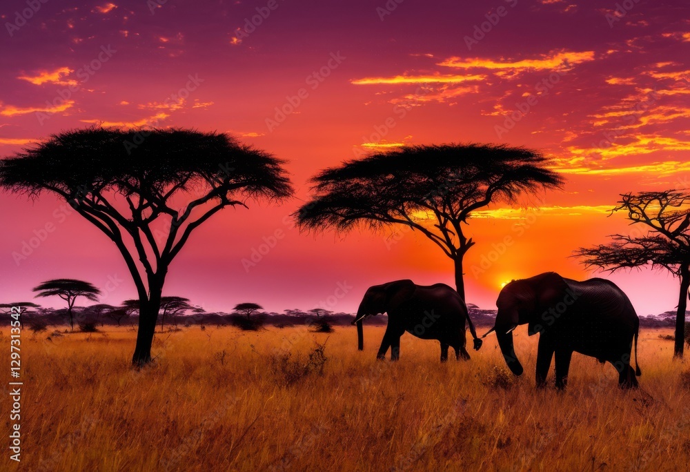 Obraz premium stunning vibrant savanna landscapes captured sunset featuring majestic wildlife silhouettes colorful horizon, dusk, nature, colors, scene, tree, grass