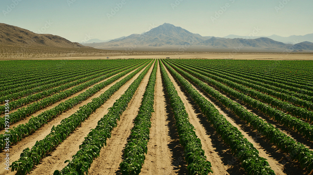 Expansive Agricultural Field With Lush Green Crops And A Mountain Backdrop Expansive Agricultural Field With Lush Green Crops And A Mountain Backdrop