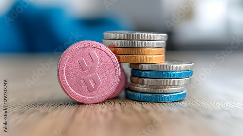Pink coin stacks with others, wooden table, blurred background, finance concept