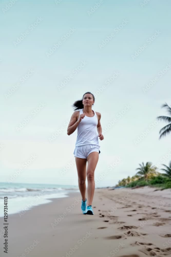 Athletic Woman Jogging on Tropical Beach at Sunset with Palm Trees and Ocean Waves in Background, Healthy Lifestyle Concept Athletic Woman Jogging on Tropical Beach at Sunset with Palm Trees and Ocean Waves in Background, Healthy Lifestyle Concept