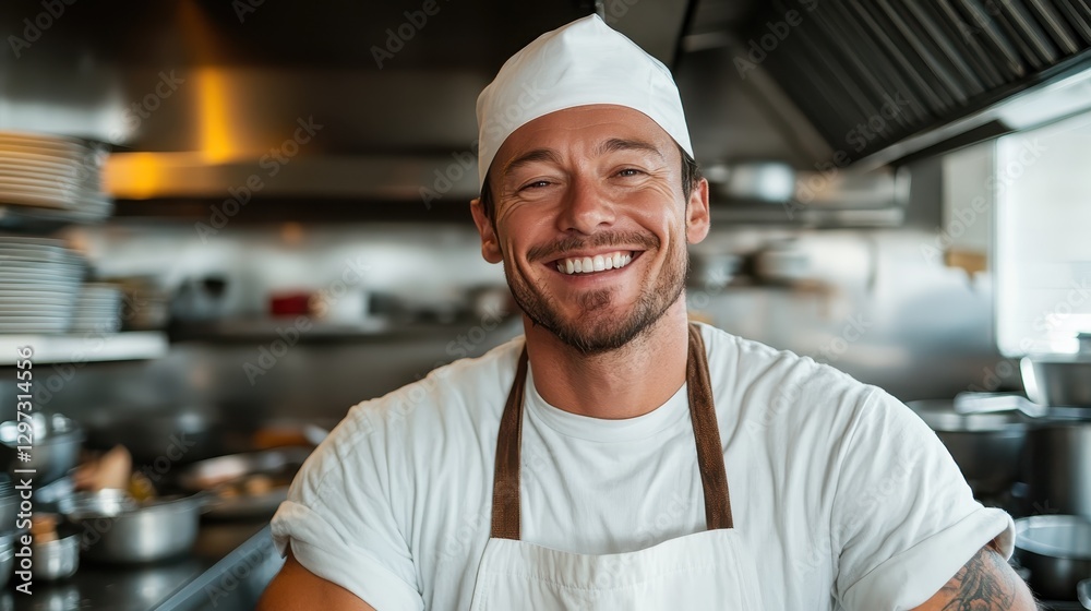 A happy chef wearing a white chef hat and apron in a busy kitchen, exemplifying joy and passion for culinary arts, surrounded by various cooking utensils and equipment. A happy chef wearing a white chef hat and apron in a busy kitchen, exemplifying joy and passion for culinary arts, surrounded by various cooking utensils and equipment.