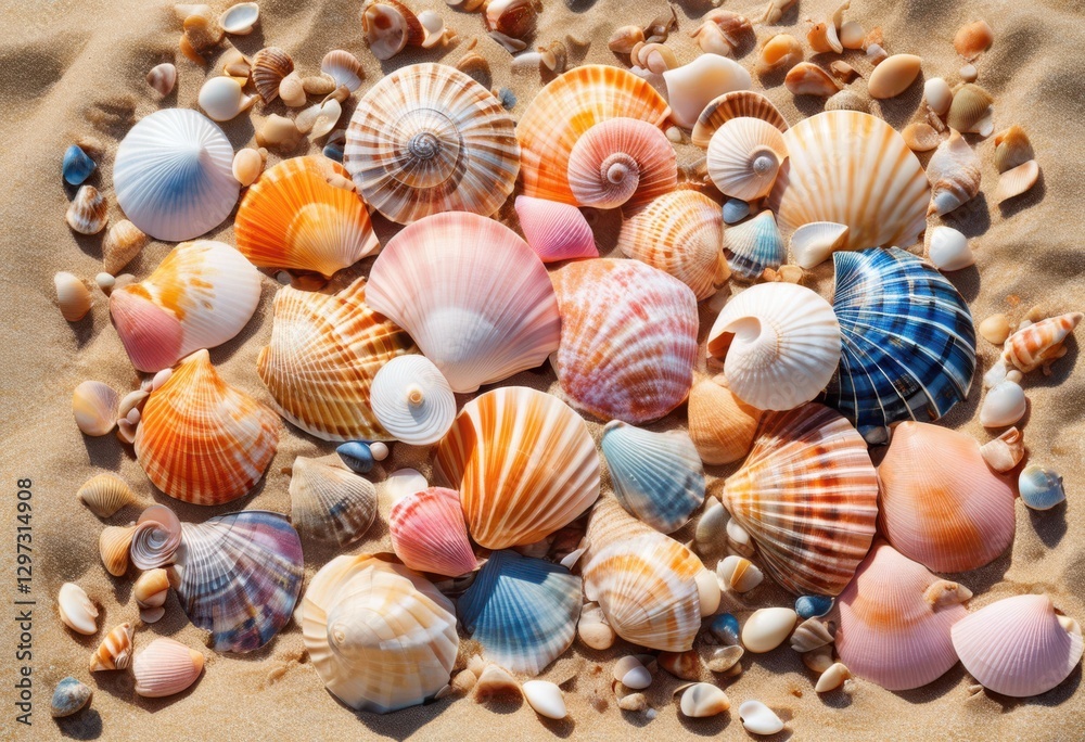 colorful arrangements various beach shells displayed soft sandy background capturing natural beauty coastal treasures, seaside, ocean, tropical, decor, summer colorful arrangements various beach shells displayed soft sandy background capturing natural beauty coastal treasures, seaside, ocean, tropical, decor, summer