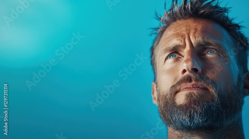 A rugged man with a beard and blue eyes stares intensely into the distance, portraying a sense of determination and thoughtfulness against a cool blue backdrop.