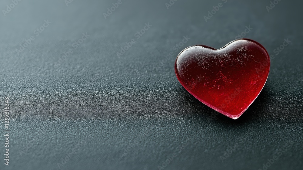 Fototapeta premium A stunning red heart made of glass lies on a smooth, dark surface, symbolizing love and connection with its vibrant color