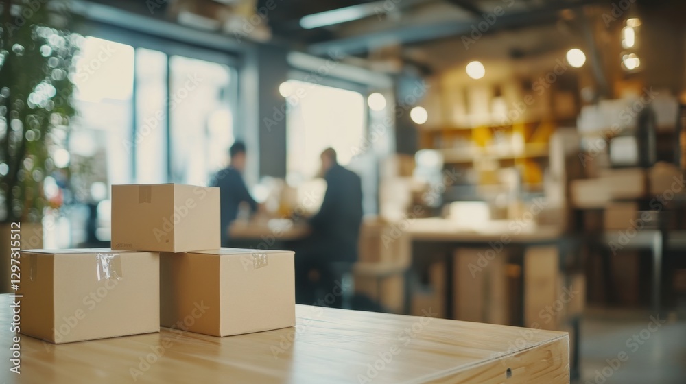 Cardboard boxes standing on table in a busy blurred storage room Cardboard boxes standing on table in a busy blurred storage room