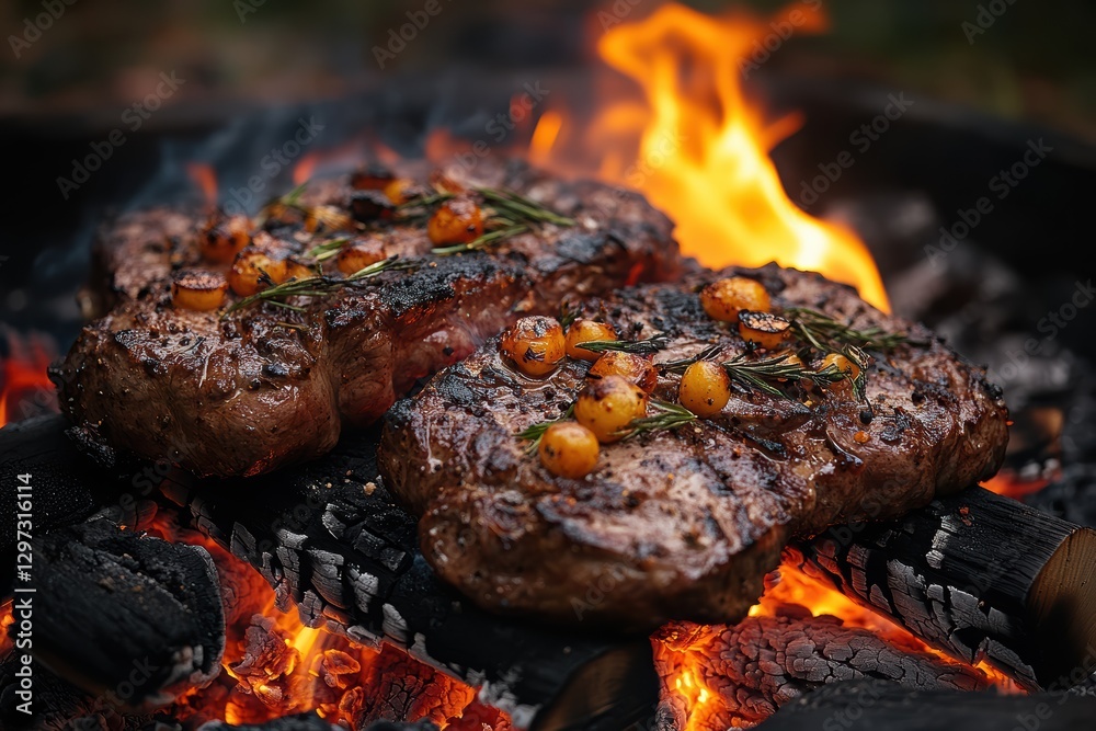 Sizzling venison roast with herbs and vegetables over an open fire at a hunting dinner Sizzling venison roast with herbs and vegetables over an open fire at a hunting dinner