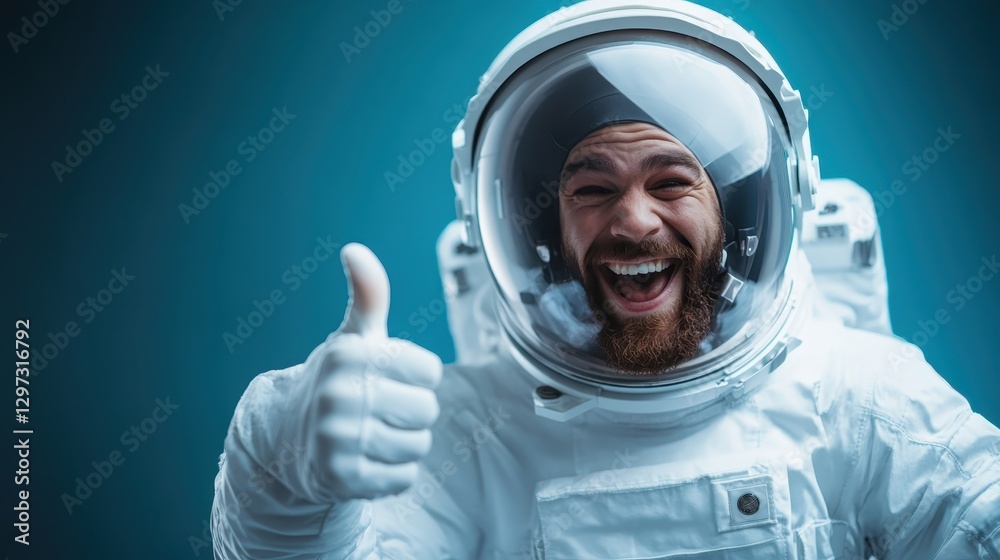 A happy astronaut in a spacesuit smiles broadly while giving the thumbs up gesture, epitomizing joy and positivity in a vibrant, imaginative space environment. A happy astronaut in a spacesuit smiles broadly while giving the thumbs up gesture, epitomizing joy and positivity in a vibrant, imaginative space environment.