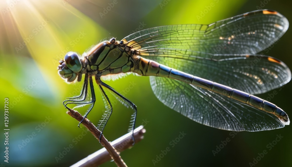 A macro shot of a dragonfly’s iridescent wing catching the sunlight, with ultra-sharp detail, a soft bokeh background, and dynamic lighting interplay in a tropical forest setting. Generative AI A macro shot of a dragonfly’s iridescent wing catching the sunlight, with ultra-sharp detail, a soft bokeh background, and dynamic lighting interplay in a tropical forest setting. Generative AI