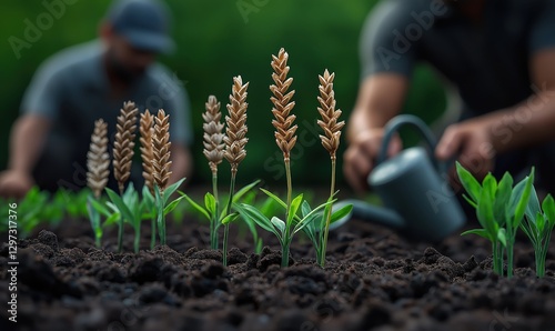 Farmers tend to growing wheat, watering and checking the stalks under warm summer sunlight, highlighting their hard work