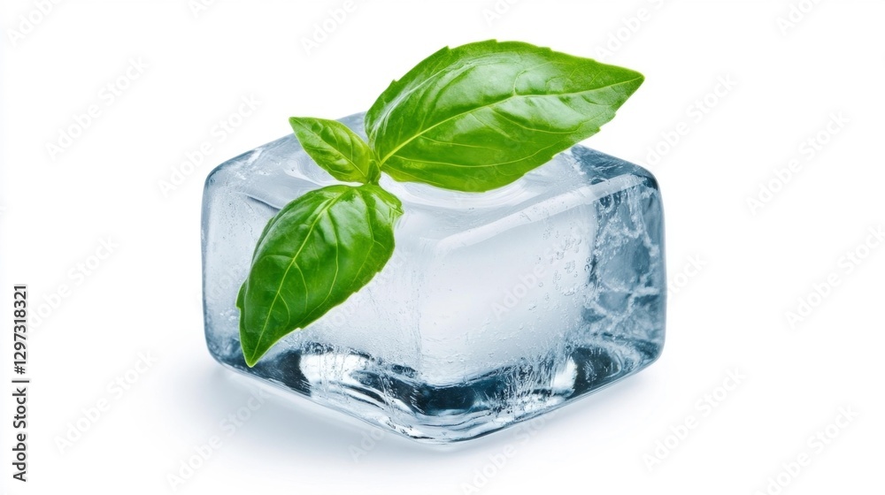 Obraz premium Fresh Basil Leaf in a Clear Ice Cube Isolated on White Background. Generative AI