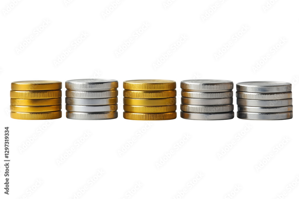 Stacks of gold and silver coins isolated. A neatly arranged collection of precious metal coins symbolizing wealth, investment, and financial security. AI generated. . Stacks of gold and silver coins isolated. A neatly arranged collection of precious metal coins symbolizing wealth, investment, and financial security. AI generated. .