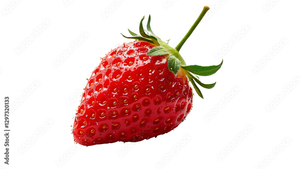 Close-up of a ripe strawberry with green stem and seeds., isolated Close-up of a ripe strawberry with green stem and seeds., isolated