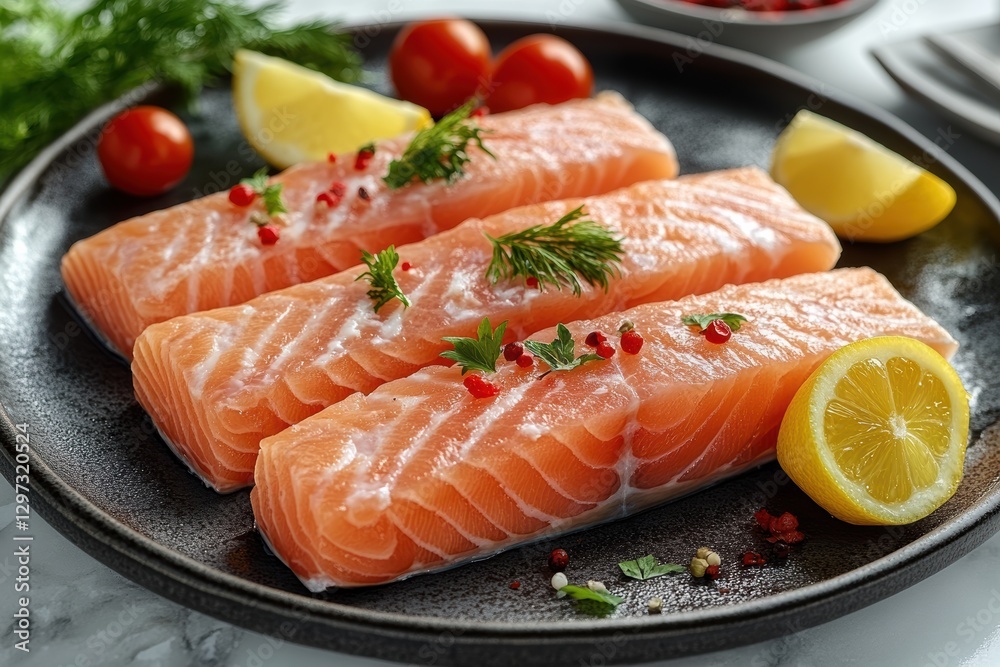 Fresh salmon fillets garnished with herbs and lemon slices on a plate Fresh salmon fillets garnished with herbs and lemon slices on a plate
