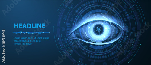Eye lens on blue background. Lasik surgery, digital surveillance, vision technology