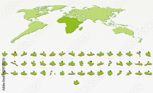 African Maps and Flags in Isometric Style. Isometric Maps Collection