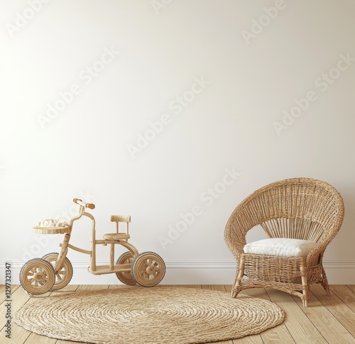 Beige Nursery Room with Wooden Tricycle and Wicker Chair photo