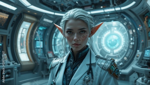 Fantasy elf medical expert in a high-tech floating clinic