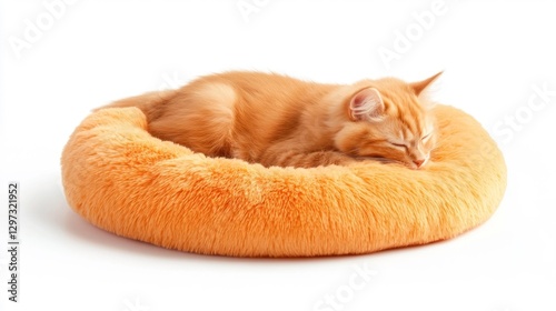 Ginger kitten peacefully sleeping on a fluffy orange cushion isolated on white background. Generative AI photo